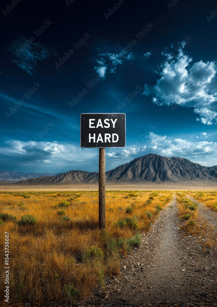 A striking landscape with a signpost indicating ?EASY? and ?HARD. A striking landscape with a signpost indicating ?EASY? and ?HARD.