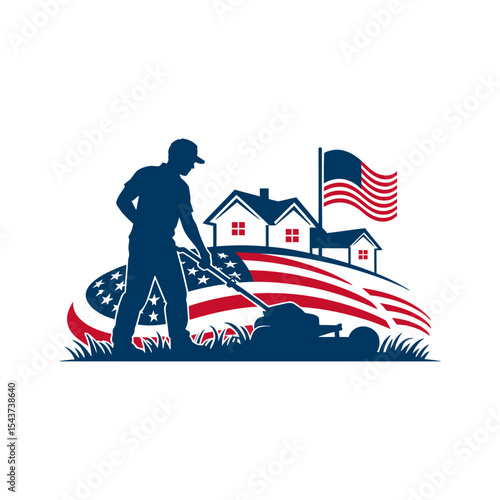 American lawn care service with flag house logo