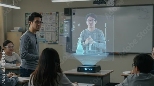 Hologram Education in Classroom: A teacher in classroom with student studying hologram projection learning, illustrating technological advances in modern education.