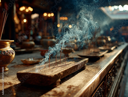 Close-up of incense smoke curling in the air inside a temple 