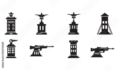Set of stylized black silhouettes of military installations and weaponry elements isolated