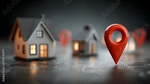 Red Location Pin on Map with Miniature Houses: Real Estate Concept