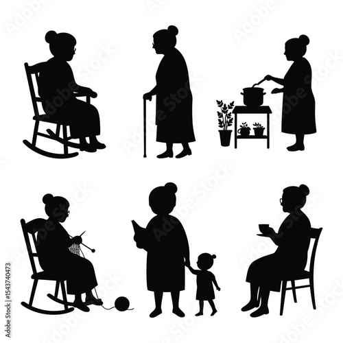 Grandmother Silhouette Icon Set – Elderly Woman Daily Life Vector for Family, Aging, and Senior Care Design .