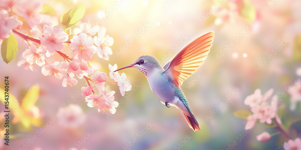 Fototapeta premium Hummingbird Hovering Near Pink Flowers in Spring Garden