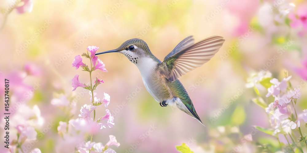 Naklejka premium Hummingbird Hovering Near Pink Flowers in Spring Garden