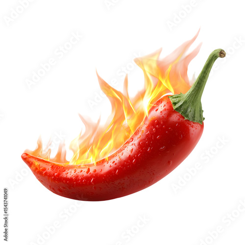 Fiery red chili pepper engulfed in flames water droplets glistening isolated on transparent background