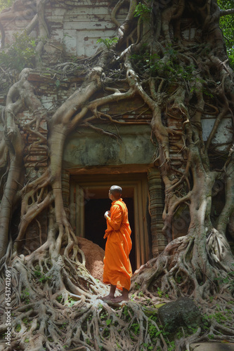 Monk exploring old ruins