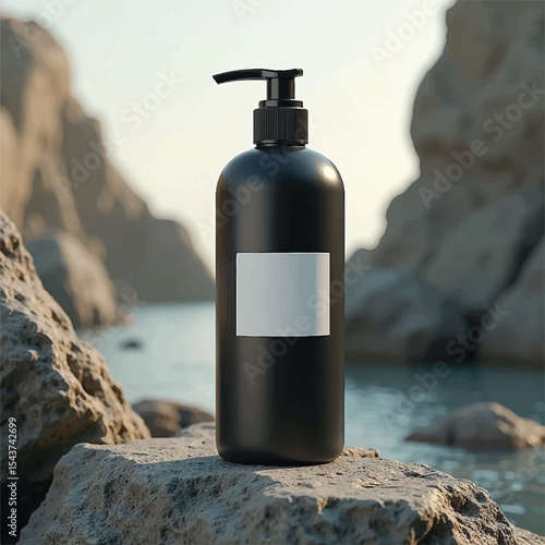 cosmetic products mockups,shampoo bottles,without label,white label,rock,flower,water, realistic shampoo bottle with creative background,transparent bottle,3d product mockups,plastic hair bottle