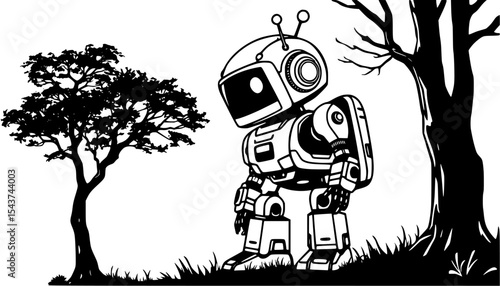 Robotic humanoid figure explores a stylized landscape with trees in black and white illustration