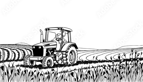 Black and white illustration of a tractor working in a rural farming field with crops and hills in the background
