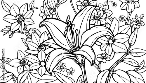 Elegant Line Art Floral Design Lily and Flowers Coloring Background