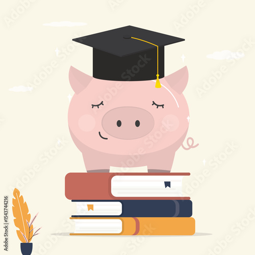 Education fund, student scholarship or loan, collecting money for school fees, pink piggy bank wearing graduation cap on pile of school textbooks.