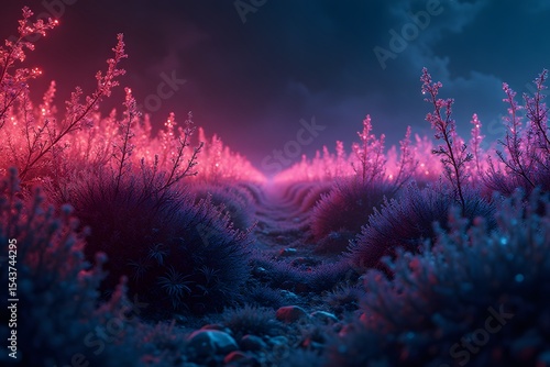 Fototapeta Naklejka Na Ścianę i Meble -  A neon-lit jungle of wireframe plants swaying in invisible wind.
