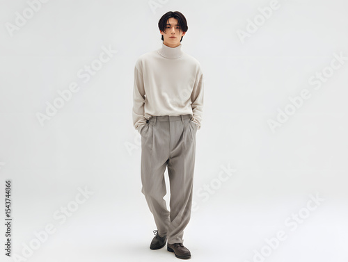 man in a light beige turtleneck and straig