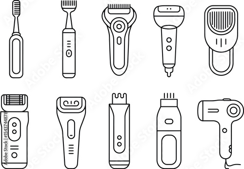 A minimalistic line art illustration of various grooming and hygiene devices