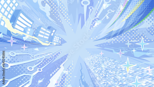 テクノロジーをイメージしたかっこいい背景イラスト_明るい青_16:9