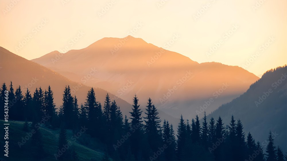 Obraz premium Sunset over majestic mountains with a line of trees