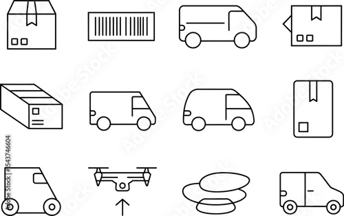 Line art illustration showing shipping and delivery related icons on white
