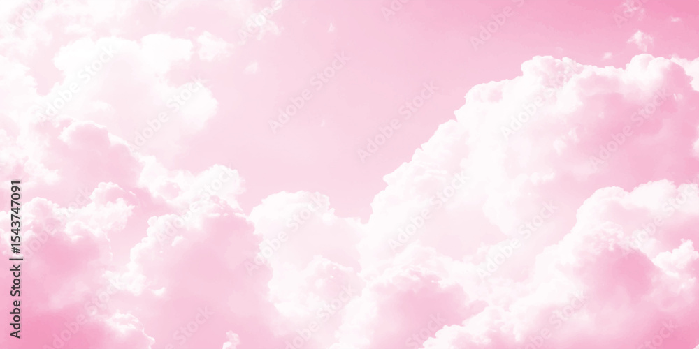 Fototapeta premium Aerial view of pink sky with fluffy clouds. Pink sky with white clouds. Pink sky with white clouds Valentine's day sweet dream background.
