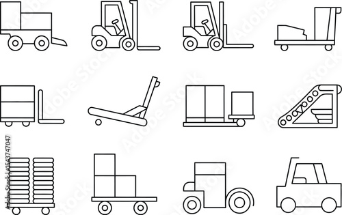 Outline illustration of various warehouse vehicles and material handling tools
