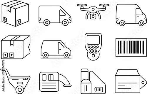 Line art illustration of delivery and logistics icons on white background