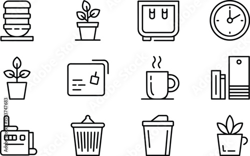 Line art icons depicting office elements such as plants and office supplies