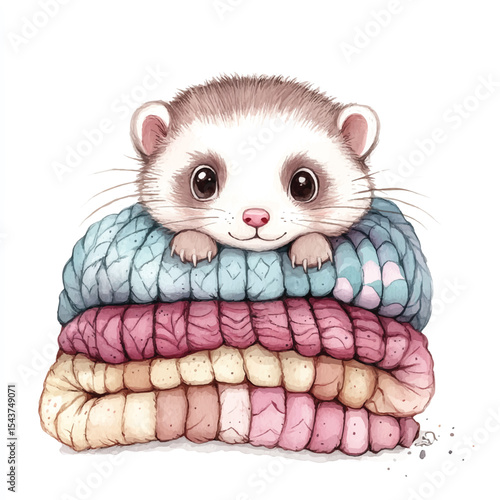 Adorable Ferret Wrapped in Colorful Knitted Blankets