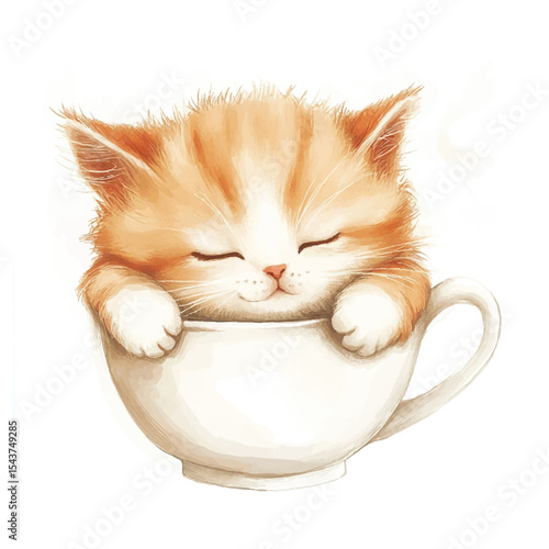 Adorable Ginger Kitten Napping Comfortably Inside a Teacup Watercolor Style