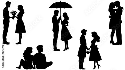 Stylish Silhouette Vector Set of Love Couples - Hugging, Sharing and Romantic Gestures