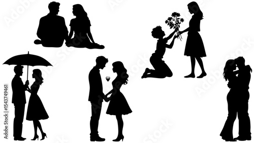 Stylish Silhouette Vector Set of Love Couples - Hugging, Sharing and Romantic Scenes