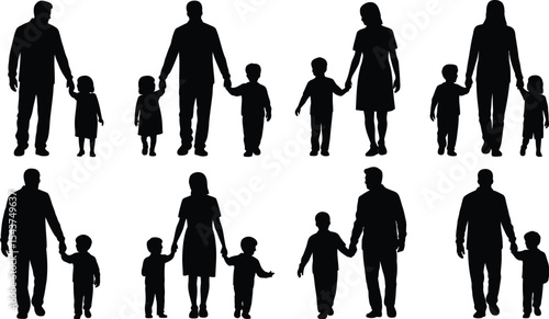 Silhouettes of families with children holding hands walking together closely