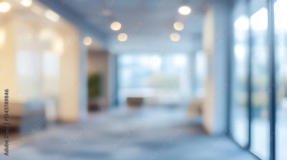 Fototapeta premium Abstract defocused view of a modern corporate office interior, a bright and empty hallway with a blurred background for business concepts
