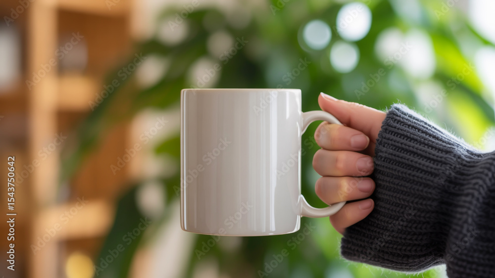 Close-Up of Hand in Black Knit Sleeve Holding White Ceramic Mug Against Soft Bokeh Background with Wood and Foliage Close-Up of Hand in Black Knit Sleeve Holding White Ceramic Mug Against Soft Bokeh Background with Wood and Foliage