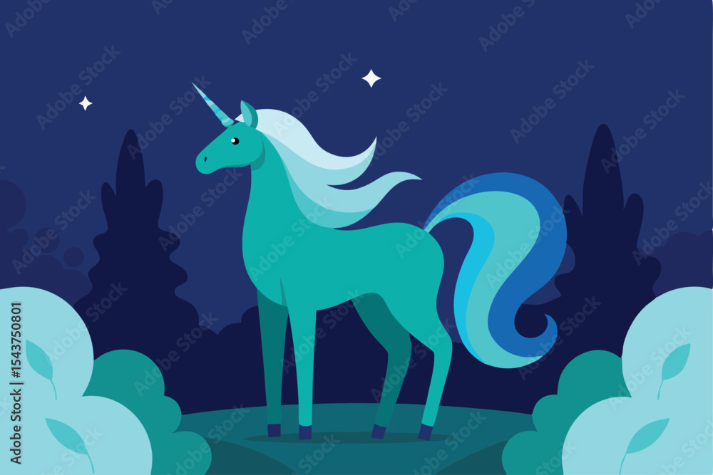 Naklejka premium Enchanted Teal Unicorn in a Mystical Night Forest Illustration