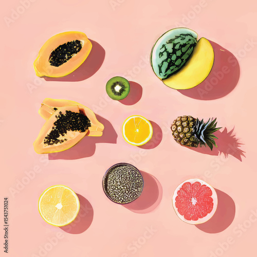 Bright Colorful Fruit Flat Lay: Juicy Citrus & Tropical Organic Edible Art