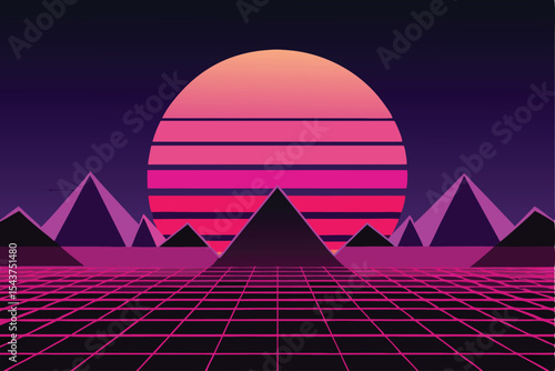 Retro Futuristic Pyramids Landscape 80s Synthwave Sunset