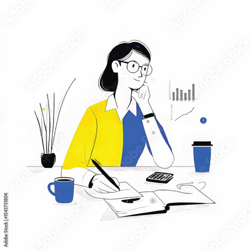 Thoughtful Working Woman in Modern Office: Creative Workspace & Digital Art