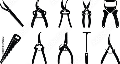 A collection of various gardening tools in black silhouette on white background