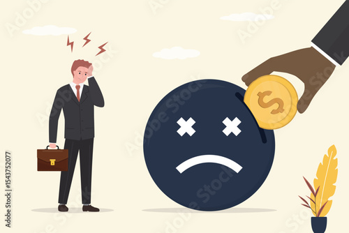 Payment for negative reviews, unfair competition. Businessman or customer hand put coin on wicked emoji. Negative reviews, bad reputation, low ratings.