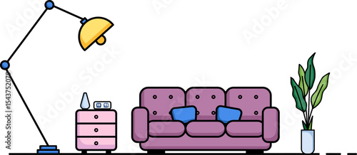 Modern Living Room: A stylish and inviting illustration of a modern living room, featuring a comfortable sofa, floor lamp, and decorative elements, perfect for interior design and lifestyle concepts.