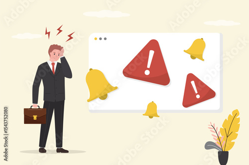 Error notification concept. system or software error occurs. danger sign, alarm icon and alert. Businessman or male user shocked because of getting and seeing warning page.