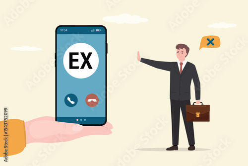 Mobile phone showcasing an incoming call labeled 'ex.' Complex emotions associated with past romantic connections. Unhappy man, potential impact of the call, mental health.
