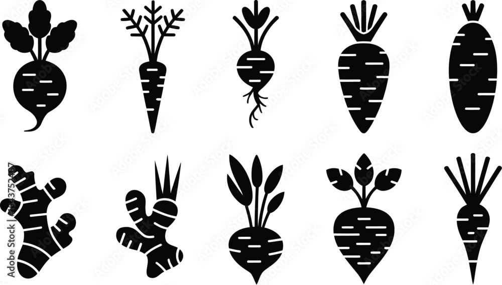 Collection of black and white vector illustrations of various root crops Collection of black and white vector illustrations of various root crops