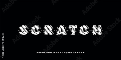 Vector illustration of bold san serif style alphabet letters combined with scratch texture. Suitable for media, metal posters, e-sport octaves, gaming, horror design, streetwear.