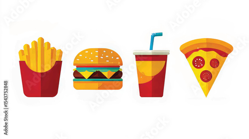 Vector Illustration of Fast Food Icons: Burger, Pizza, Fries - Cheat Meal Ideas