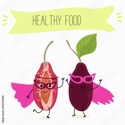 Cherry, fruit, dogwood, cornelian, cornus, funny cheerful characters. Vector hand drawn  illistration.
