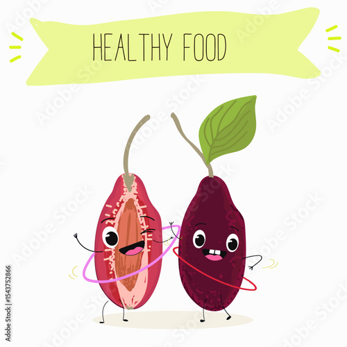 Cherry, fruit, dogwood, cornelian, cornus, funny cheerful characters. Vector hand drawn  illistration.