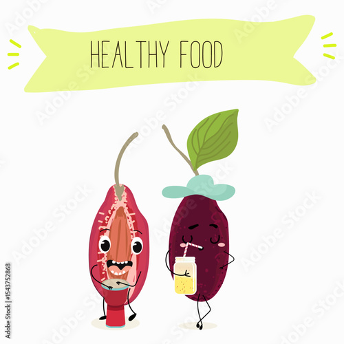 Cherry, fruit, dogwood, cornelian, cornus, funny cheerful characters. Vector hand drawn  illistration.