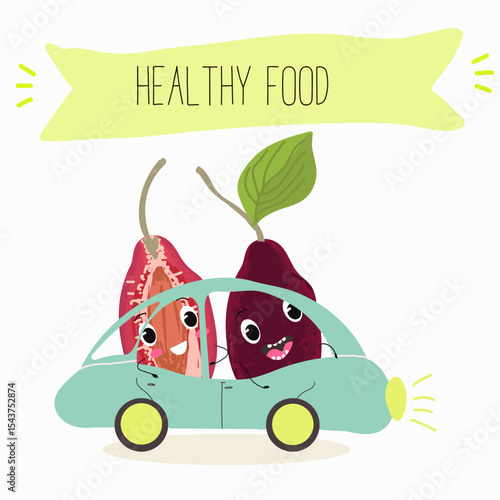 Cherry, fruit, dogwood, cornelian, cornus, funny cheerful characters. Vector hand drawn  illistration.