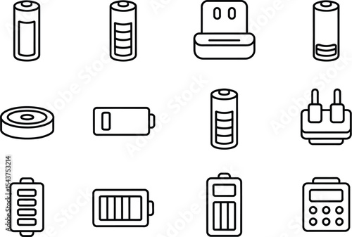 Various battery types and charging devices arranged on a white background